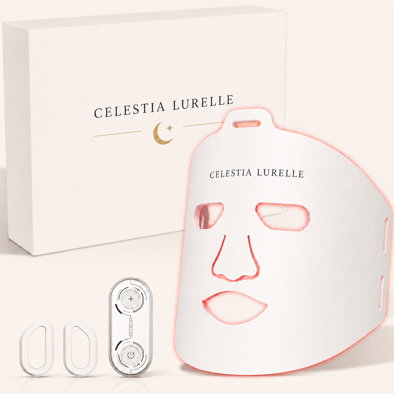 Celestia Lurelle red light mask, controller, eye inserts, and presentation box